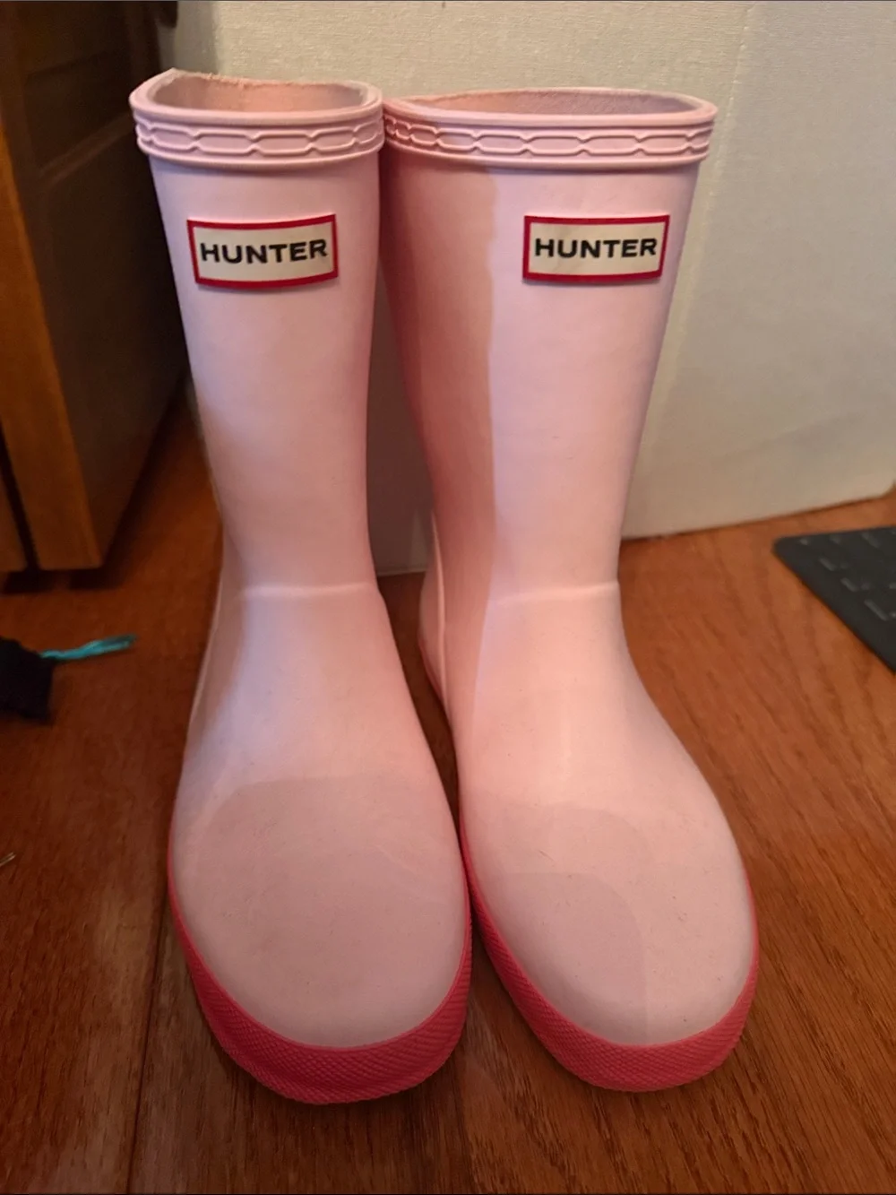 Hunter Kids Light Pink Rubber Rain Boots with Pink Soles
